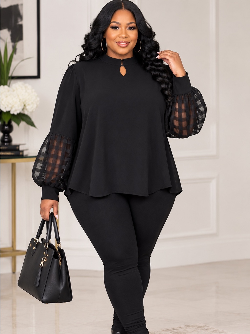 Ashley Stewart Black Blouse  with Sheer Checkered Balloon Sleeve Size 22/24